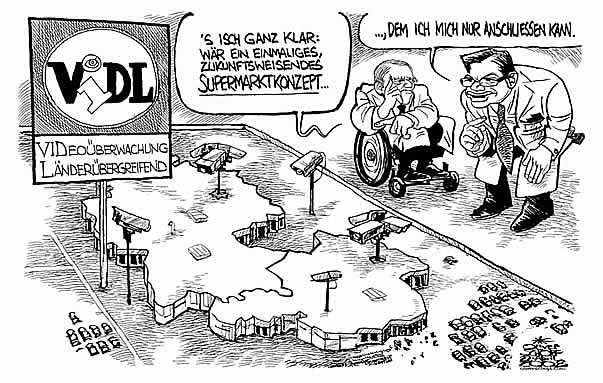 Oliver Schopf, politischer Karikaturist aus �sterreich, politische Karikaturen aus �sterreich, Karikatur Illustrationen Europa 2008:
Deustchland, oesterreich, wolfgang schaeuble, g�nter platter, videoueberwachung, supermarkt, lidl

