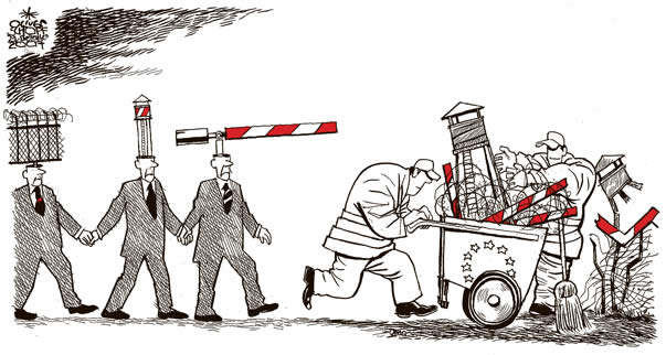 Oliver Schopf; politische Karikaturen, Karikatur, Karikaturist; Europa 2007;schengen, grenzen, schlagbaeume, wacht�rme, wegraeumen, strassenkehrer

