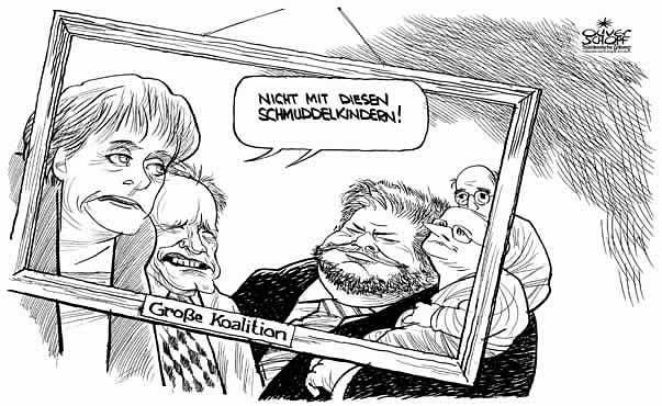 Oliver Schopf, politischer KArikaturist, Karikatur aus �Sterreich, politische Karikaturen Europa 2008: deutschland, grosse koalition, angela merkel, erwin huber, kurt beck, oskar lafontaine, gregor gysi, schmuddelkinder, bilderrahmen 
