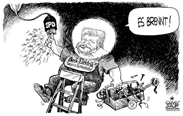 Oliver Schopf, politischer Karikaturist aus �sterreich, politische Karikaturen aus �sterreich, Karikatur Illustrationen Europa 2008:
Deutschland, spd, kurt beck, elektriker, strom, gluehbirne, leuchte
�