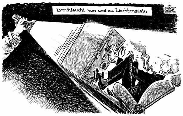 Oliver Schopf, politische Karikatur,Karikaturen, Karikaturist aus �sterreich,Eu 2008: fuerstentum liechtenstein, fuerst hans adam II., steuer, tresor, autositz, durchleuchten, taschenlampe