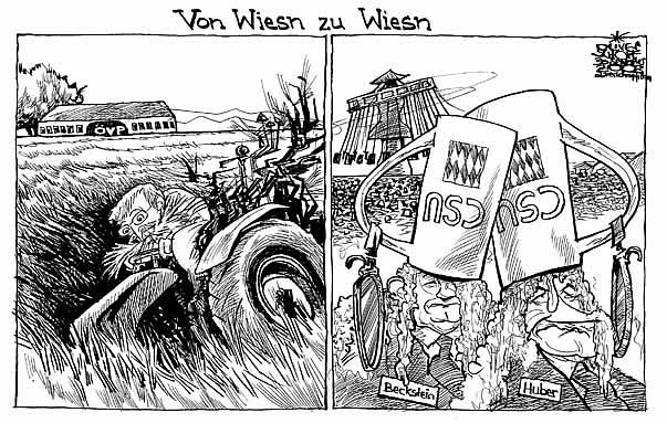 Oliver Schopf, politischer Karikaturist aus �sterreich, politische Karikaturen aus �sterreich, Karikatur, Illustrationen �sterreich 2008: wahl 08, oevp, csu, molterer, beckstein, huber, traktor, wiesn

