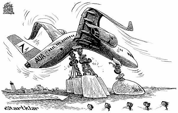 Oliver Schopf, politischer Karikaturist aus �sterreich, politische Karikaturen aus �sterreich, Karikatur, Illustrationen �sterreich 2008:
AUA, austrian airlines, privatisierung, startklar, gewichte, last 