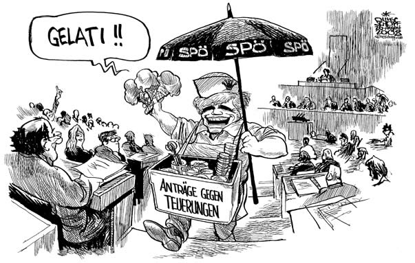 Oliver Schopf, politischer Karikaturist aus �sterreich, politische Karikaturen aus �sterreich, Karikatur, Illustrationen �sterreich 2008: spoe, werner faymann, stillhalteabkommen, parlament, antraege, teuerungen, eisverkaeufer, gelati
