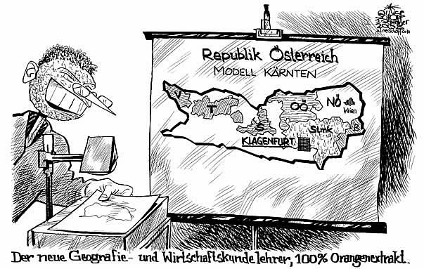 Oliver Schopf, politischer Karikaturist aus �sterreich, politische Karikaturen aus �sterreich, Karikatur, Illustrationen �sterreich 2008:
Modell kaernten, joerg haider, orange, karte, geografie, lehrer, schule  
