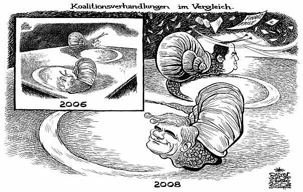 Oliver Schopf, politischer Karikaturist aus �sterreich, politische Karikaturen aus �sterreich, Karikatur, Illustrationen �sterreich 2008:
Koalition, verhandlungen, schnecken, finanzkrise, vergleich



