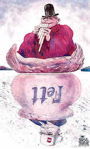 Oliver Schopf, editorial cartoons from Austria, cartoonist from Austria, Austrian illustrations, illustrator from Austria, editorial cartoon Austria 2008: Latin America, summit, peru, gusenbauer, lake titicaca, boat, flute, fat, chamber pot

