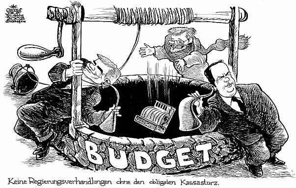Oliver Schopf, politischer Karikaturist aus �sterreich, politische Karikaturen aus �sterreich, Karikatur, Illustrationen �sterreich 2008:
Koalitionsverhandlungen, kassasturz, brunnen, faymann, josef proell, molterer



