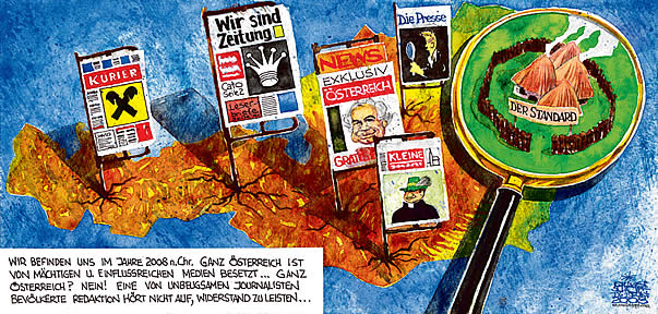 Oliver Schopf, politischer Karikaturist aus �sterreich, politische Karikaturen aus �sterreich, Karikatur, Illustrationen �sterreich 2008: medien, zeitungen, der standard, 20 jahre, asterix, gallisches dorf


 