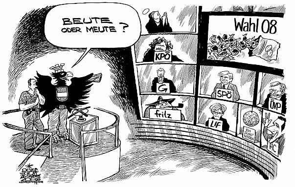 Oliver Schopf, politischer Karikaturist aus �sterreich, politische Karikaturen aus �sterreich, Karikatur, Illustrationen �sterreich 2008: Wahl 08, 1 gegen 100, beute, meute, bundesadler, wahlzuckerln

