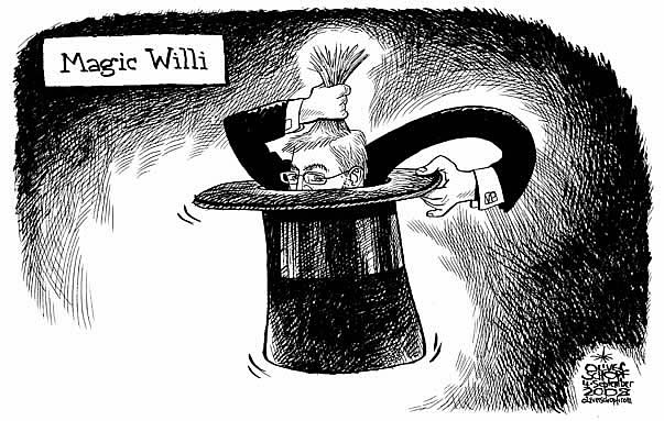 Oliver Schopf, politischer Karikaturist aus �sterreich, politische Karikaturen aus �sterreich, Karikatur, Illustrationen �sterreich 2008: wahl 08, oevp, willi molterer, zaubern, hut
