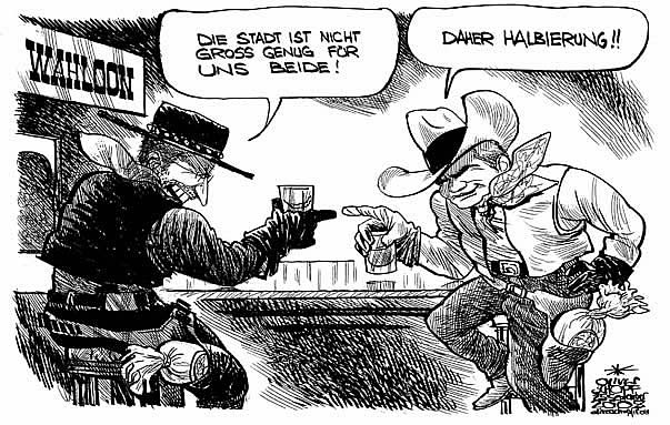 Oliver Schopf, editorial cartoons from Austria, cartoonist from Austria, Austrian illustrations, illustrator from Austria, editorial cartoon Europe 2008: Wahl 08, molterer, faymann, saloon, western, revolverhelden



