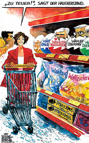 Oliver Schopf, politischer Karikaturist aus �sterreich, politische Karikaturen aus �sterreich, Karikatur, Illustrationen �sterreich 2008: wahl 08, einkaufen, supermarkt, teuer, wahlzuckerl, populismus, kinderueberraschung, hausverstand