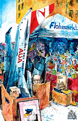 Oliver Schopf, politischer Karikaturist aus �sterreich, politische Karikaturen aus �sterreich, Karikatur, Illustrationen �sterreich 2008:
Aua, austrian airlines, flohmarkt, verkauf, oetsch, michaelis

 