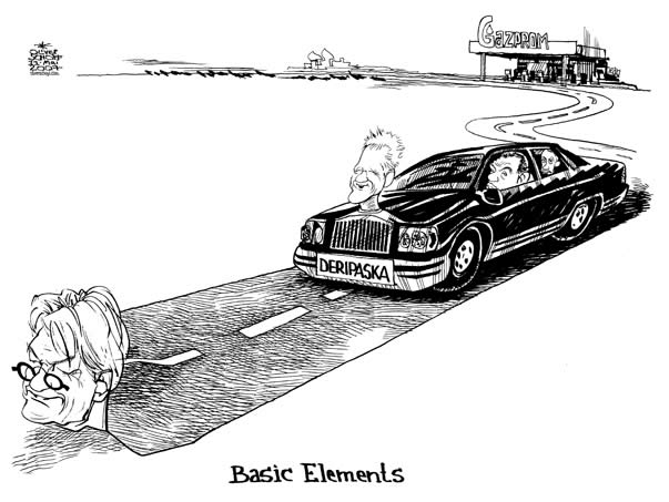 Oliver Schopf; editorial cartoons; Austria: basic element, oleg deripaska, frank stronach, magna, strabag, gazprom, putin