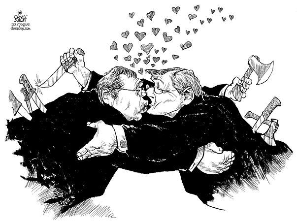 oliver schopf, editorial cartoon, austria, gusenbauer, schuessel, kiss, love, knife,  