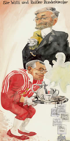 Oliver Schopf; Editorial Cartoons; cartoonist, Austria; Chancellor Alfred Gusenbauer (in red) and Vice-Chancellor Willi Molterer (in black)  in exchanged parts.