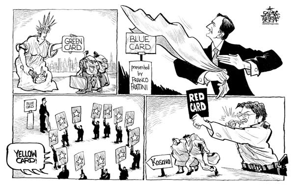 Oliver Schopf; Editorial Cartoons; cartoonist, Austria: frattini, green card, blue card, yellow card, red card, immigrants