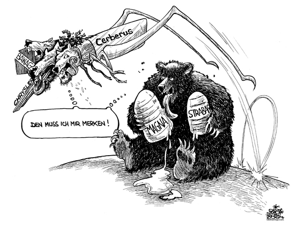 Oliver Schopf; editorial Cartoons; cartoonist, Austria 2007; Takeover by the Russian Deripaska in Austria, takeover by Cerberus in Austria (BAWAG) and the U.S.
