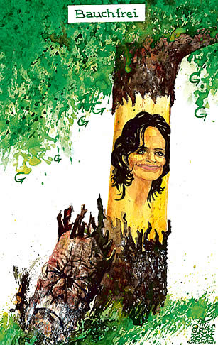 Oliver Schopf, politischer Karikaturist aus �sterreich, politische Karikaturen aus �sterreich, Karikatur, Illustrationen �sterreich 2008: gruene, eva glawischnig, van der bellen, baum, rinde, bauchfrei


 