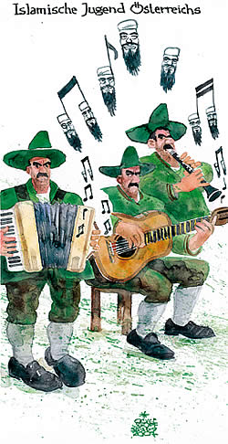 Oliver Schop, editorial cartoon, cartoonist, Austria 2007:islamic youth of austria, terror, music, notes, bin laden