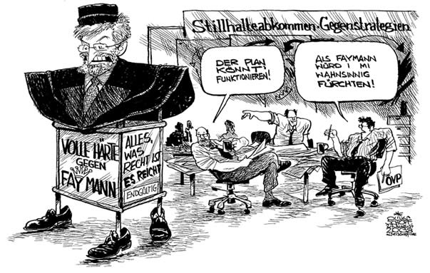 Oliver Schopf, politischer Karikaturist aus �sterreich, politische Karikaturen aus �sterreich, Karikatur, Illustrationen �sterreich 2008: Stillhalteabkommen, oevp, molterer, plakat, dreiecksstaender, war-room


