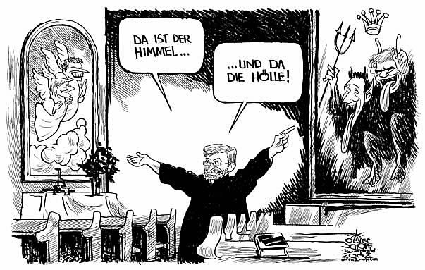Oliver Schopf, politischer Karikaturist aus �sterreich, politische Karikaturen aus �sterreich, Karikatur, Illustrationen �sterreich 2008:  wahl 08, oevp, wilhelm molterer, pater willi, kirche, himmel, hoelle