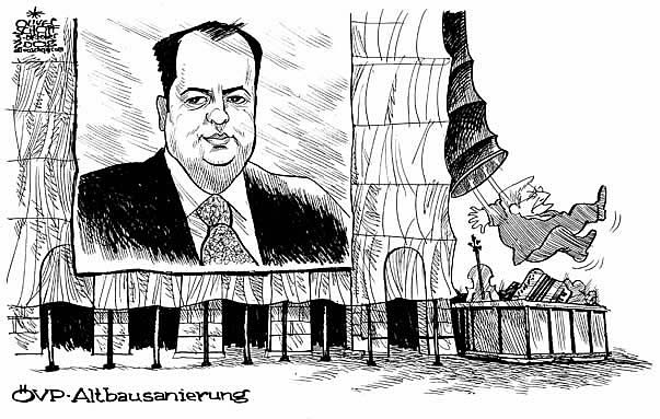 Oliver Schopf, politischer Karikaturist aus �sterreich, politische Karikaturen aus �sterreich, Karikatur, Illustrationen �sterreich 2008: oevp, josef proell, sch�ssel, altbausanierung, bauschutt

