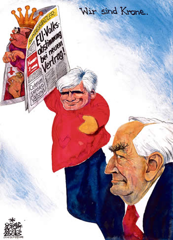 Oliver Schopf, politischer Karikaturist aus �sterreich, politische Karikaturen aus �sterreich, Karikatur, Illustrationen �sterreich 2008:
Spoe, hans dichand, werner faymann, alfred gusenbauer, kronenzeitung, volksabstimmung, puppen, krone

  