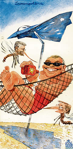 Oliver Schopf; Editorial Cartoons; Austria; Holidays in Austria: Lazy days for Chancellor Gusenbauer and his partners of the People�s Party, Molterer and Schuessel ? 	