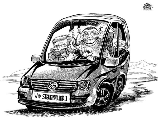 Oliver Schopf; Editorial Cartoons; Austria; taxes, car, steering weel,Who is at the wheel in the government car? Austria�s chancellor Alfred Gusenbauer or  vice-chancellor Wilhelm Molterer or former chancellor Wolfgang Schuessel?