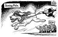 Oliver Schopf, politischer Karikaturist aus �sterreich, politische Karikaturen aus �sterreich, Karikatur Illustrationen international 2008: usa, republikaner, sarah palin, john mccain, pitbull, lippenstift, elefanten
