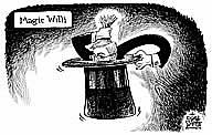 Oliver Schopf, politischer Karikaturist aus �sterreich, politische Karikaturen aus �sterreich, Karikatur, Illustrationen �sterreich 2008: wahl 08, oevp, willi molterer, zaubern, hut





