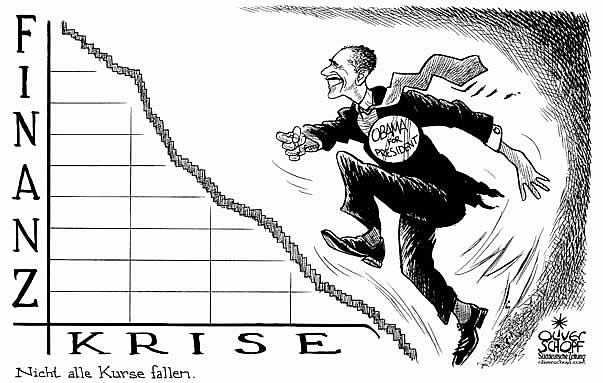 Oliver Schopf, politischer Karikaturist aus �sterreich, politische Karikaturen aus �sterreich, Karikatur Illustrationen international 2008: finanzkrise, kurssturz, obama, index, praesidentschaft, fuehrung