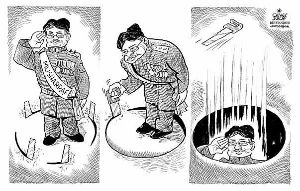 Oliver Schopf, politischer Karikaturist aus �sterreich, politische Karikaturen aus �sterreich, Karikatur Illustrationen international 2008: Pakistan, musharraf, ruecktritt, saege, loch, durchfallen
