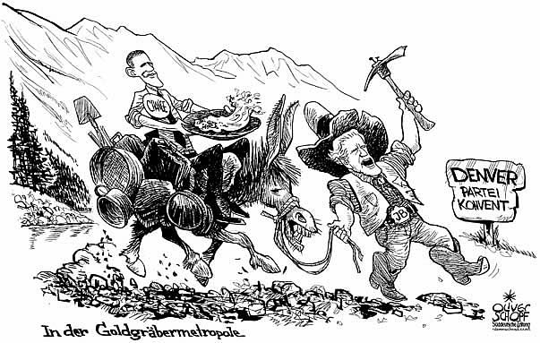 Oliver Schopf, politischer Karikaturist aus �sterreich, politische Karikaturen aus �sterreich, Karikatur Illustrationen international 2008: USA, demokraten, parteikonvent, denver, obama, biden, goldgraeber, esel