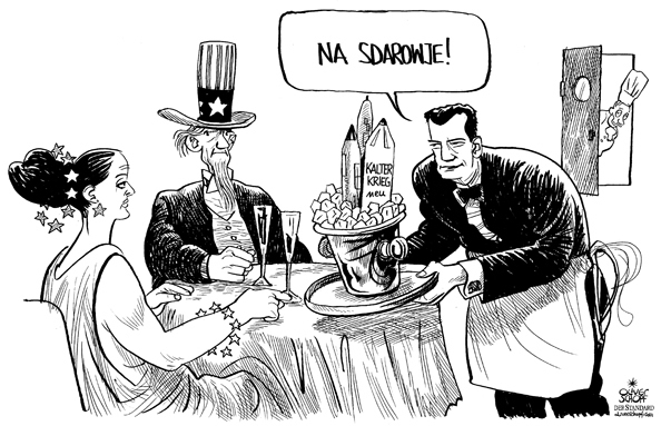 Oliver Schopf, politischer Karikaturist aus �sterreich, politische Karikaturen aus �sterreich, Karikatur Illustrationen international 2008: usa, eu, russland, medwedew, putin, restaurant, koch, sektkuebel, na sdarowje, 



