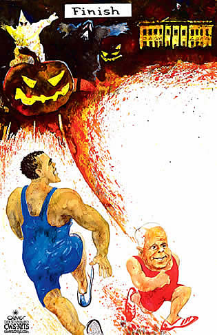 Oliver Schopf, editorial cartoons from Austria, cartoonist from Austria, Austrian illustrations, illustrator from Austria, editorial cartoon International 2008: usa, elections, obama, mccain, running, white house, Halloween, finish

 