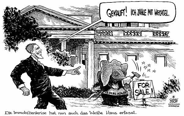 Oliver Schopf, politischer Karikaturist aus �sterreich, politische Karikaturen aus �sterreich, Karikatur Illustrationen international 2008: usa, wahlen, obama, wei�es haus, republikaner, immobilienkrise, wechsel, verkaufen