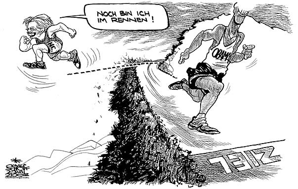 Oliver Schopf, politischer Karikaturist aus �sterreich, politische Karikaturen aus �sterreich, Karikatur Illustrationen international 2008: USA, demokraten, hillary clinton, barack obama, rennen, ziel, zielgerade
