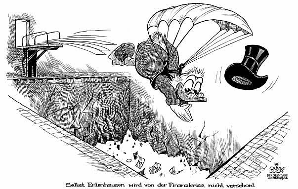 Oliver Schopf, politischer Karikaturist aus �sterreich, politische Karikaturen aus �sterreich, Karikatur Illustrationen international 2008: finanzkrise, enthausen, dagobert duck, schwimmbad

