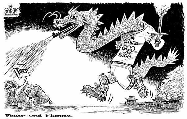 Oliver Schopf; editorial cartoons; china, tibet, olympic games, fire, chinese dragon