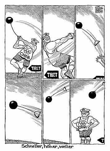 Oliver Schopf; politischer Karikaturist aus �sterreich, politische Karikaturen, Karikatur: International: tibet, china, olympische spiele, hammer werfen, schneller hoeher weiter