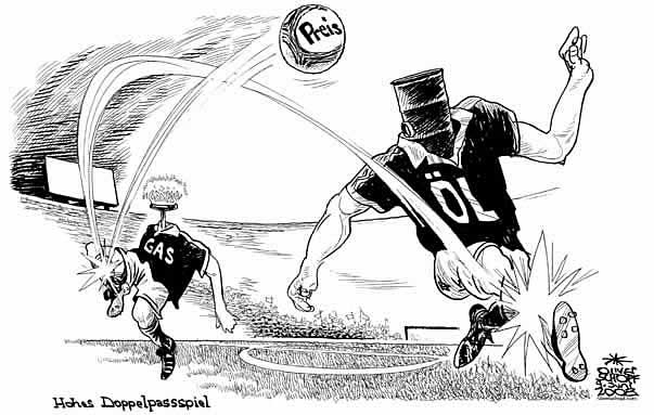 Oliver Schopf, politischer Karikaturist aus �sterreich, politische Karikaturen aus �sterreich, Karikatur Illustrationen international 2008: energie, oel, gas, preis, fu�ball, doppelpass 

