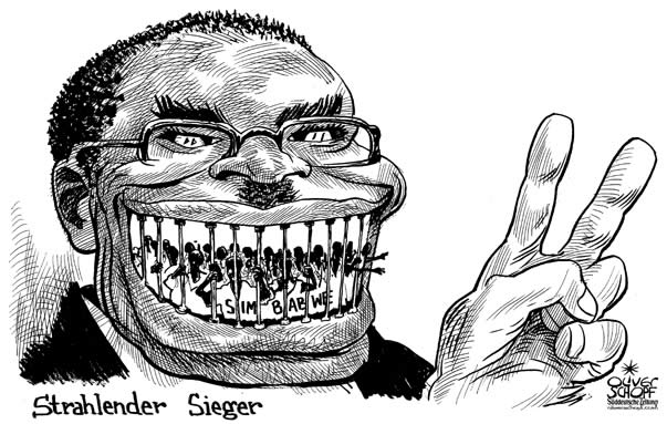 Oliver Schopf, politischer Karikaturist aus �sterreich, politische Karikaturen aus �sterreich, Karikatur Illustrationen international 2008: Afrika, simbabwe, mugabe, wahlen, strahlender sieger, laecheln, victory-zeichen 