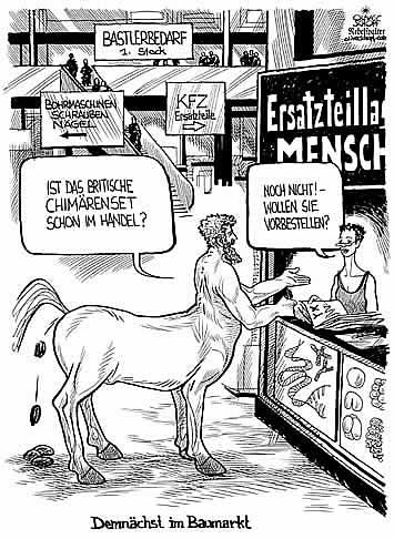 Oliver Schopf, politischer Karikaturist aus �sterreich, politische Karikaturen aus �sterreich, Karikatur Illustrationen international 2008: stammzellen, embryo, mensch, chimaeren, zentaur, baumarkt, bastlerbedarf

