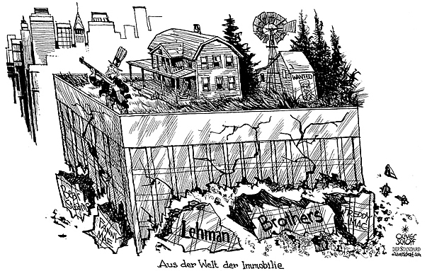 Oliver Schopf, politischer Karikaturist aus �sterreich, politische Karikaturen aus �sterreich, Karikatur Illustrationen international 2008: usa, wall street, lehman brothers, bear stearns, fanny mae, freddy mac, roof, uncle sam, terror