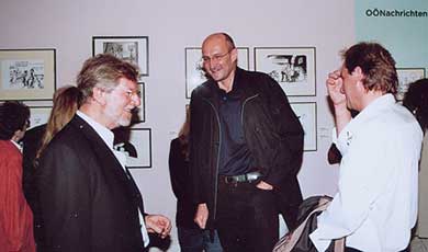 Oliver Schopf; politische Karikaturen; Karikaturmuseum Krems 2006 Oliver Schopf and Oscar Bronner; Karikatur Museum krems 2006