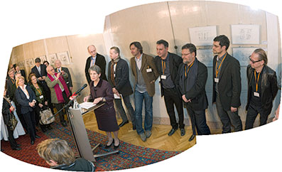 Oliver Schopf Ausstellung im Wiener Parlament im Jänner 2012, Vernissage mit Nationalratspräsidentin Mag. Barbara Prammer. Ironimus Peichl, Daniel Jokesch, Michael Pammesberger, und anderen Karikaturisten der AUsstellung.