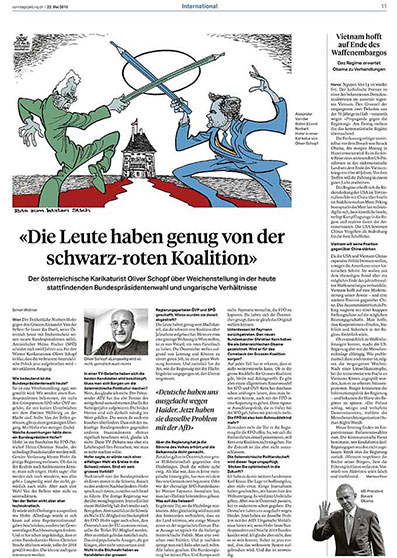 Oliver Schopf, politischer Karikaturist aus Österreich, politische Karikaturen aus Österreich, Karikatur Illustrationen anlässlich der Bundespräsidentenwahl 2016  erscheint in der Schweizer Sonntagszeitung ein Interview mit Oliver Schopf 